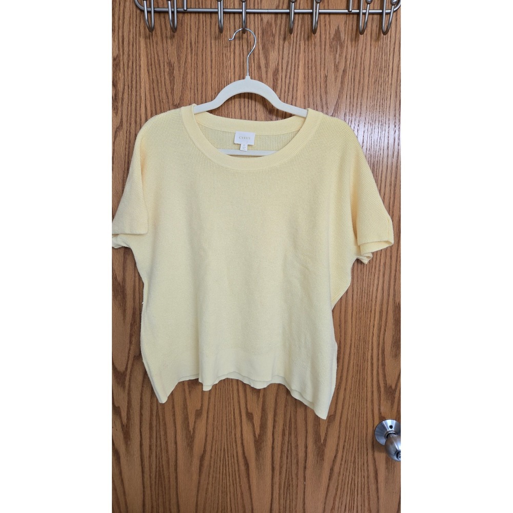 Cyrus Womens Pale Yellow Waffle Knit Short Sleeve Sweater Large